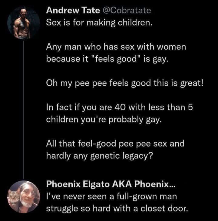 A screenshot of a Twitter thread shows Andrew Tate's controversial statements about sex being for children and labeling men…