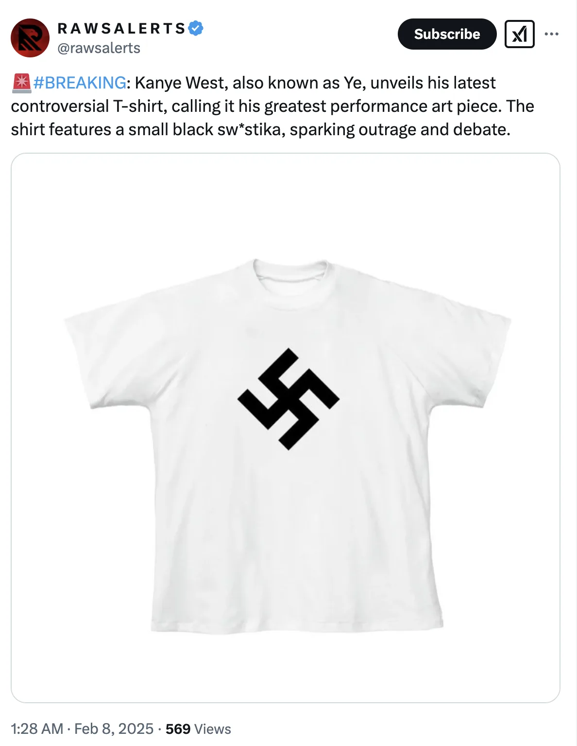 A plain white t-shirt is displayed against a white background, featuring a small, centered black swastika symbol. The image…