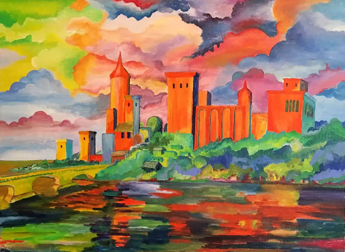 A vibrant, stylized painting depicts a castle-like structure with orange and red towers reflected in a river under a…