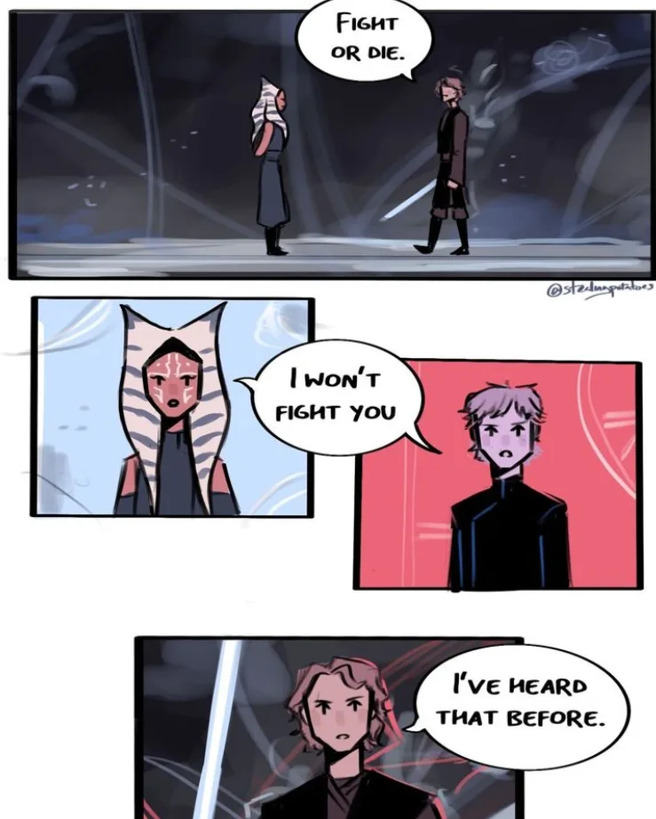 A three-panel comic strip shows two characters in a tense confrontation. In the first panel, one character says 'Fight or…