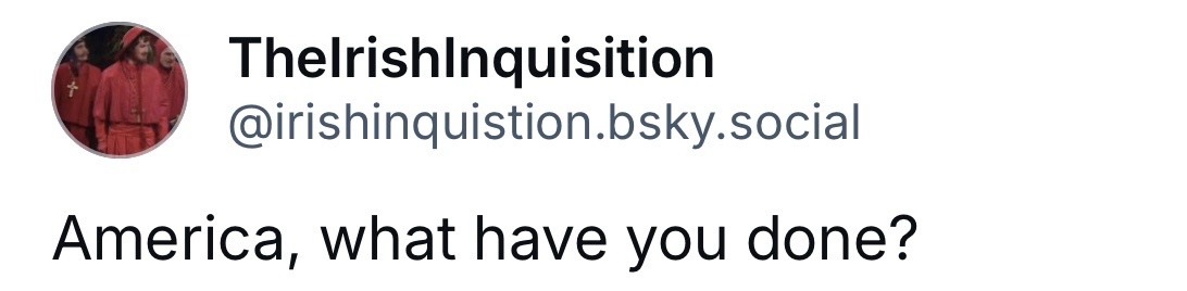 A screenshot of a social media post from 'TheIrishInquisition' with a profile picture showing three people in red robes…
