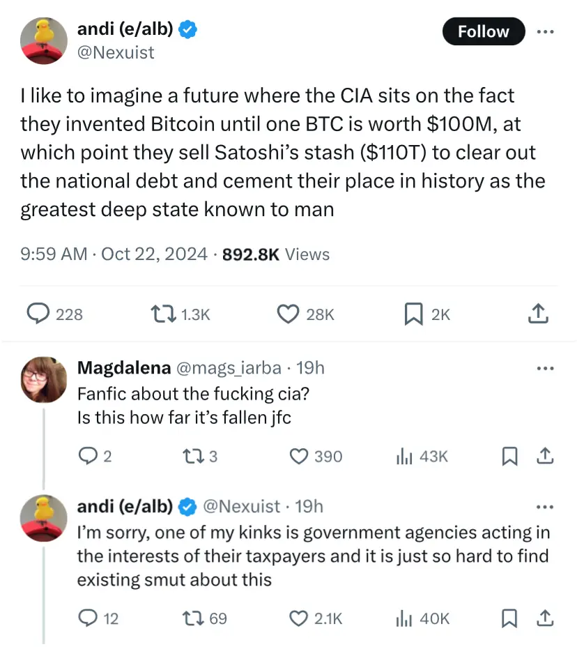 A screenshot of a Twitter thread by user 'andi (e/alb)' showing their original tweet imagining the CIA selling Bitcoin to…