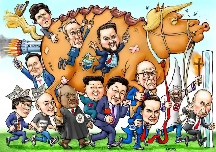 a political cartoon depicts a large, tan bull with a blonde mane and saddle, ridden by caricatures of world leaders…