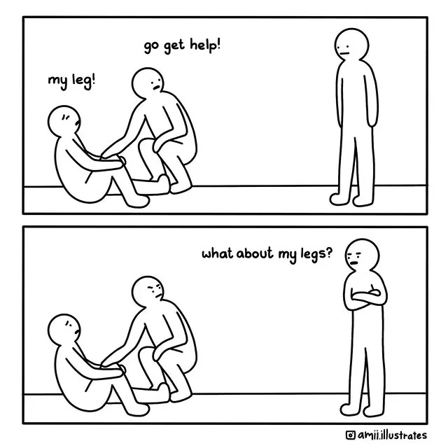 A two-panel black-and-white comic strip featuring stick figures. In the top panel, a person sitting on the floor points to…