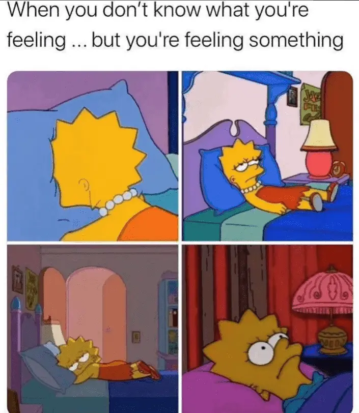 A four-panel comic strip featuring Lisa Simpson in her bedroom, showing her in various states of rest and wakefulness, with…