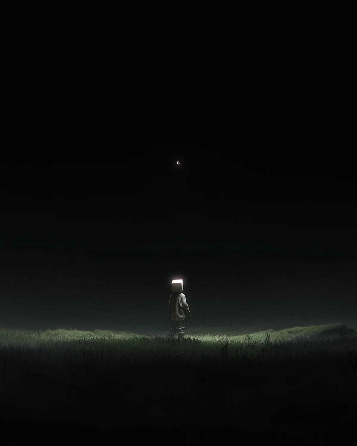 A solitary figure with a glowing cube for a head stands in a dark, misty field under a night sky. Above them, a crescent…