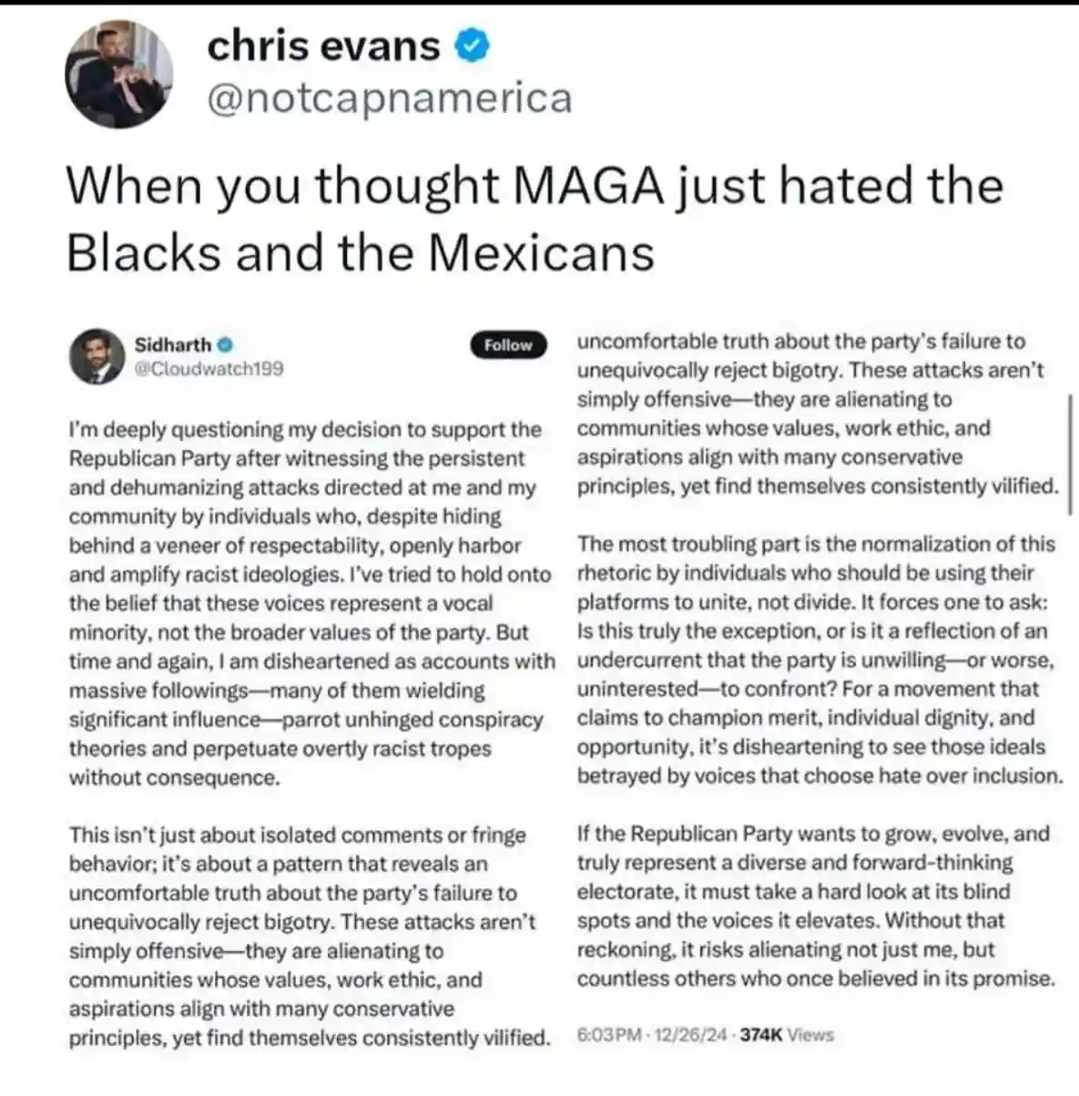 A screenshot of a tweet by Chris Evans (@notcapnamerica) overlaid with the text 'When you thought MAGA just hated the Blacks…