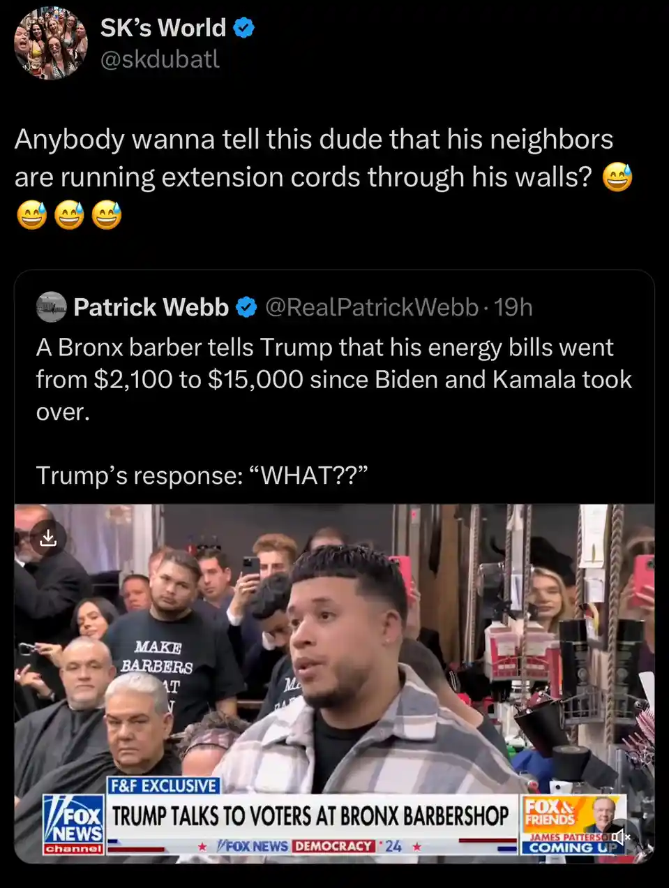 A screenshot of a Twitter thread shows a Fox News clip of Donald Trump reacting with shock to a Bronx barber's claim that…