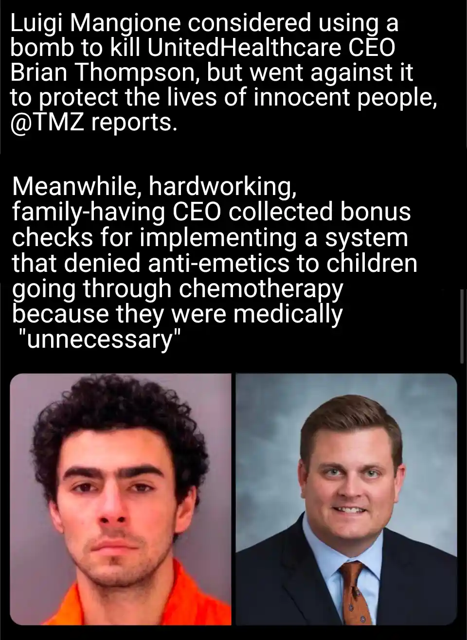 The image displays two side-by-side photos: on the left, a mugshot of Luigi Mangione in an orange jumpsuit, and on the…