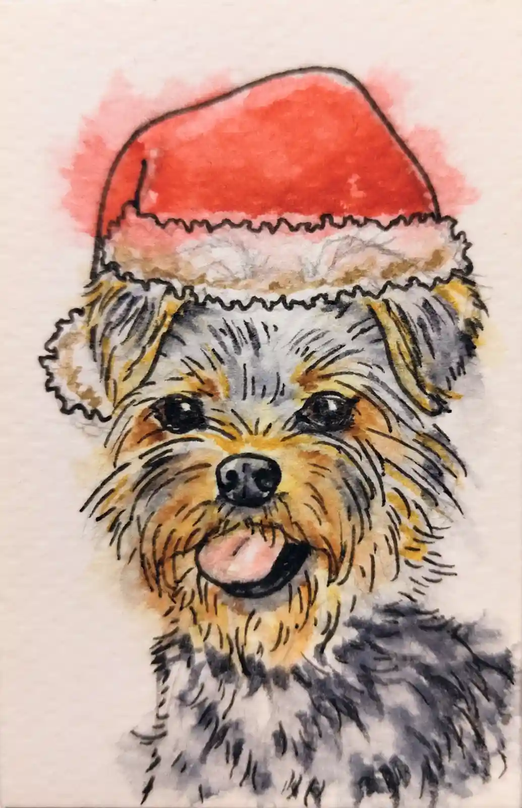 A watercolor painting of a small, fluffy Yorkshire Terrier with a happy, tongue-out expression, wearing a red Santa hat with…