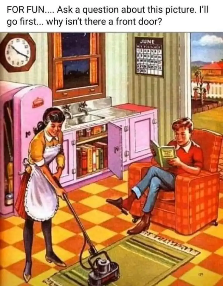 A vintage-style illustration shows a woman in an apron vacuuming a checkered floor in a kitchen while a boy reads a book in…