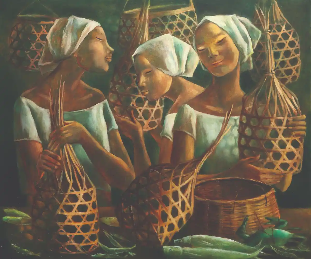 A painting depicts three women with serene, closed-eyed expressions, each holding woven baskets or nets, surrounded by fish…