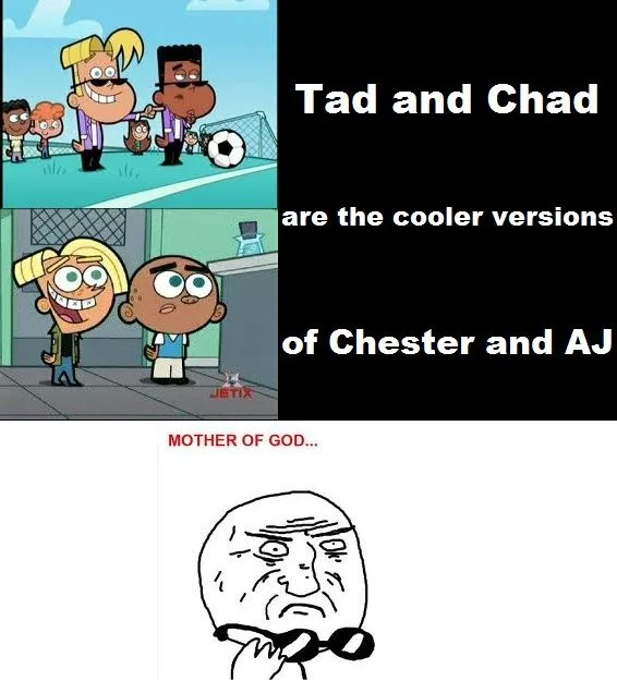 The meme features three panels: top shows cartoon characters Tad and Chad on a soccer field, middle shows them walking with…