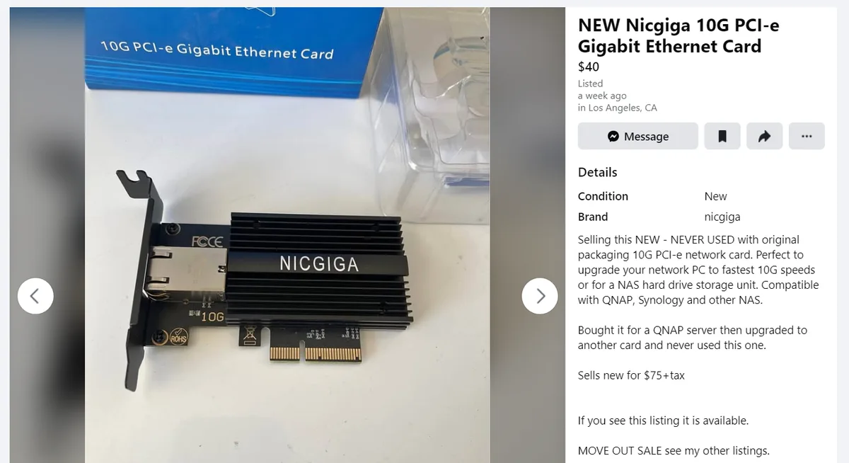 An image of a black Nicgiga 10G PCI-e network card with a heatsink, displayed next to its blue packaging labeled '10G PCI-e…