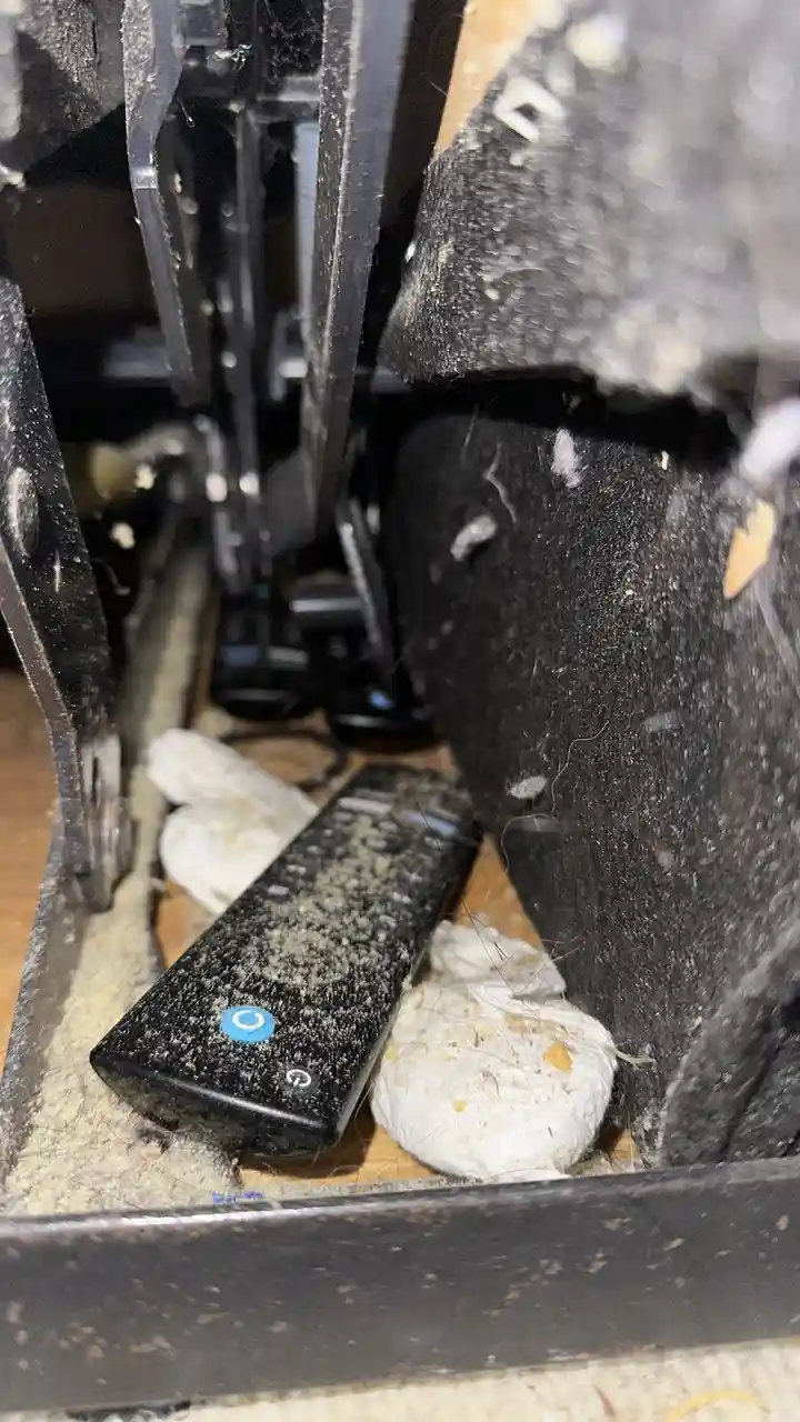 A close-up photo shows a black remote control covered in dust and debris, nestled under a dark, cluttered couch frame…