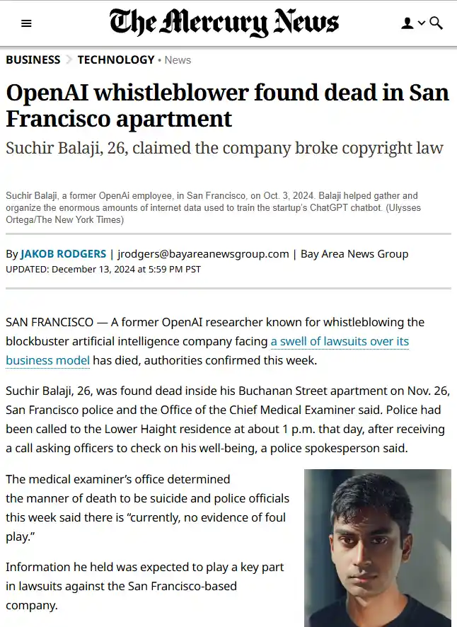 A screenshot of a Mercury News article about the death of OpenAI whistleblower Suchir Balaji, with a photo of him on the…
