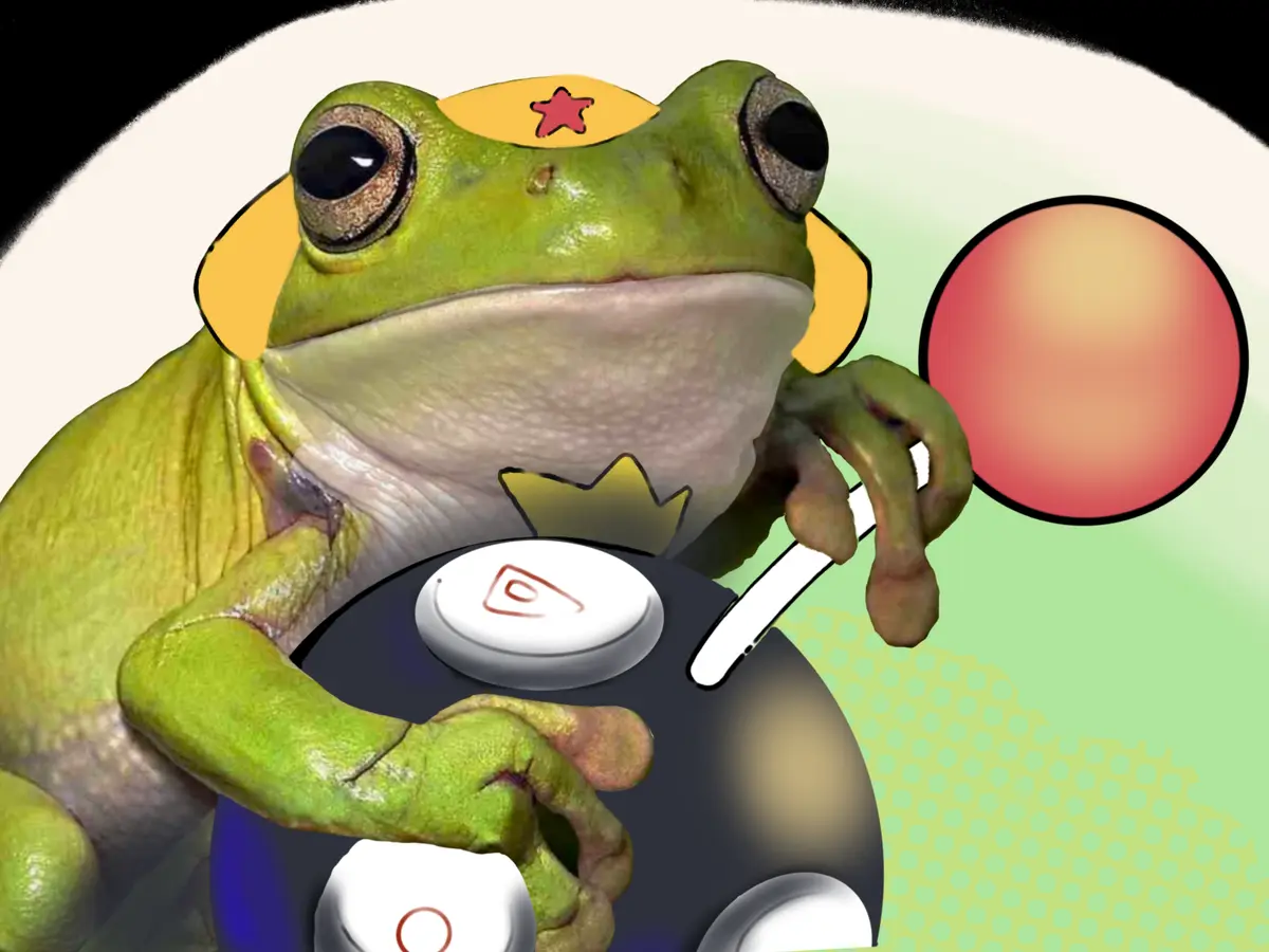 A green frog wearing a yellow superhero-style headband with a red star and a gold crown is depicted as a DJ, holding…