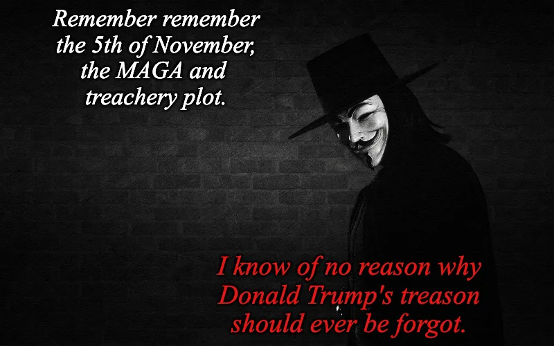 A black-and-white image shows a person in a Guy Fawkes mask and wide-brimmed hat, standing against a brick wall. White text…