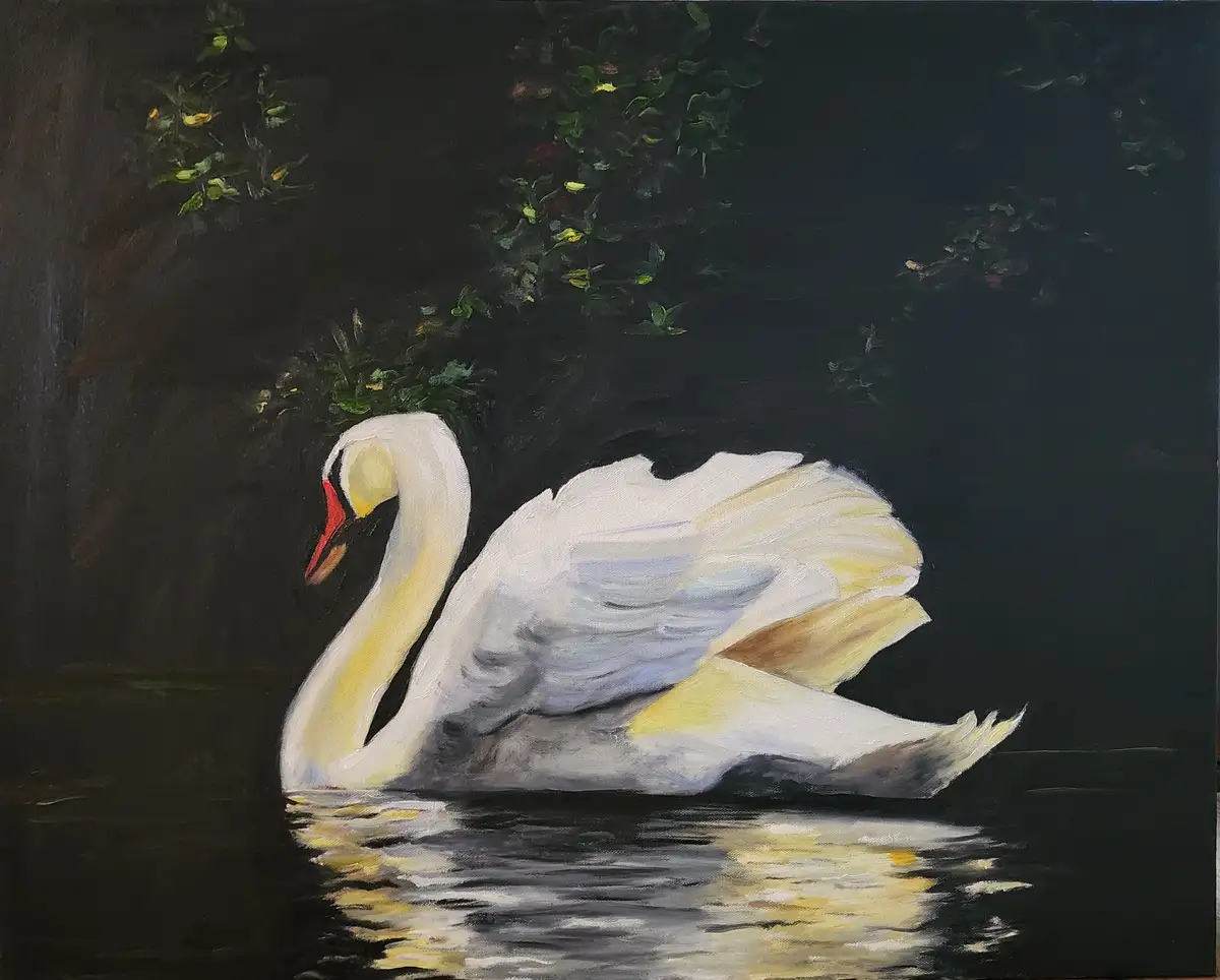 A painting of a white swan with a red beak floating on dark water, with green foliage above. The swan has a black stripe…