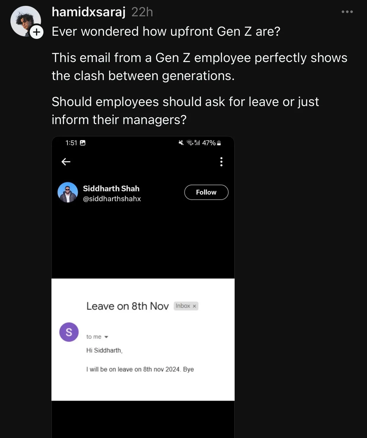 A screenshot of a social media post showing an email from a Gen Z employee named Siddharth Shah, who informs his manager 'Hi…