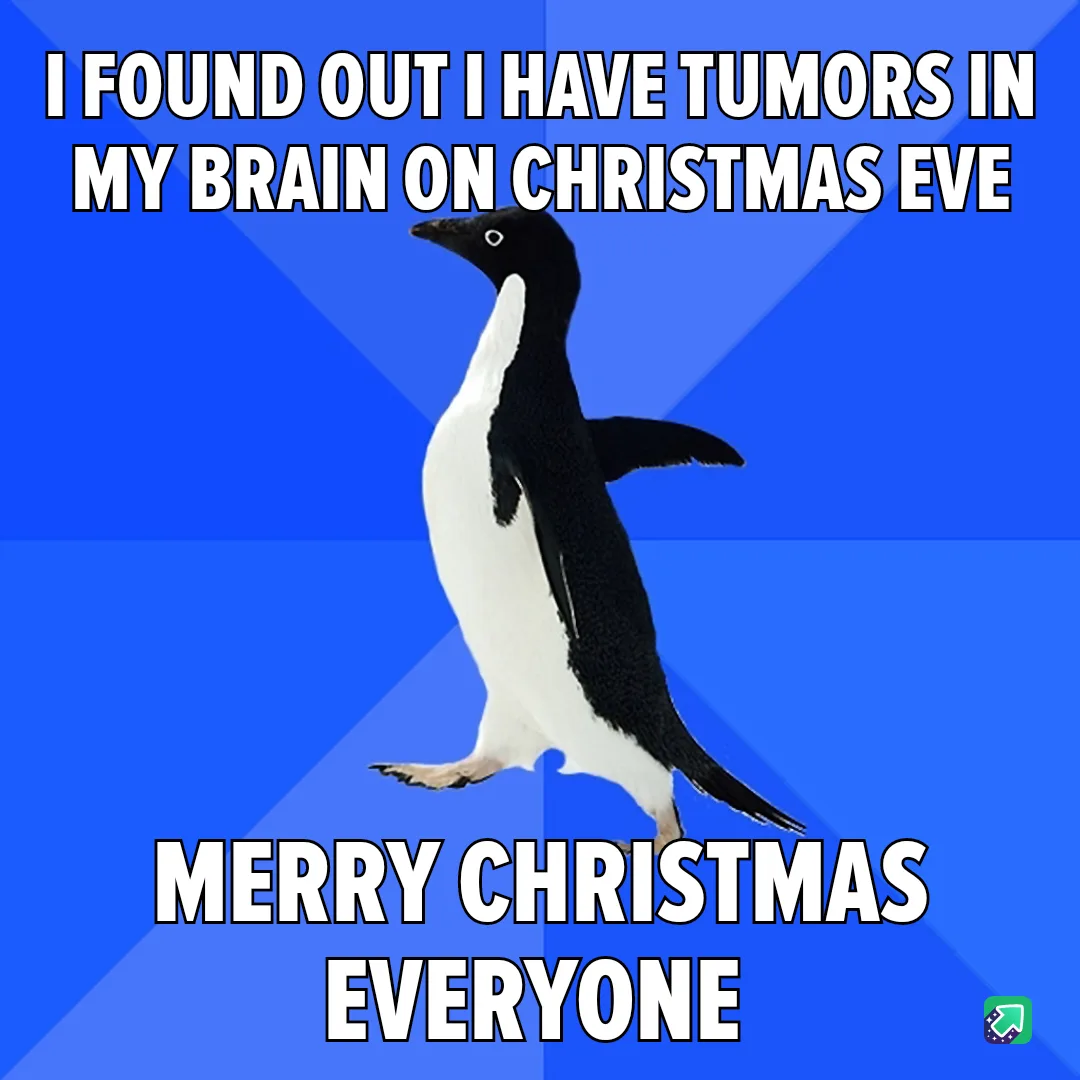 A black-and-white penguin stands against a blue background with diagonal lines. The text at the top reads 'I FOUND OUT I…