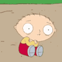 A six-panel image sequence shows the animated character Stewie Griffin sitting in a hole in the ground, looking around with…