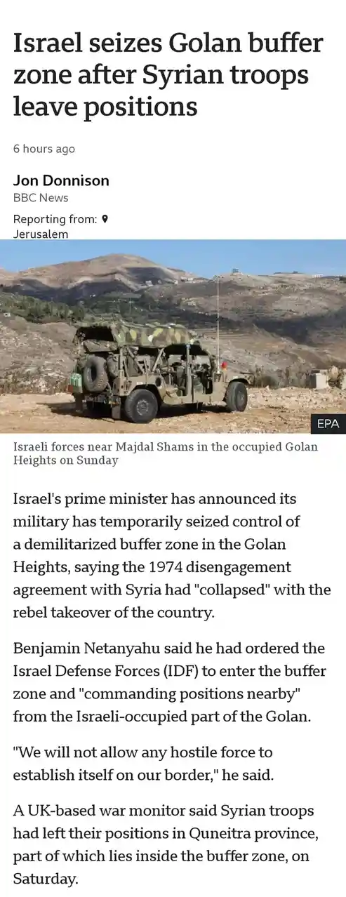 A screenshot of a BBC News article with a headline about Israel seizing a buffer zone after Syrian troops left. The image…