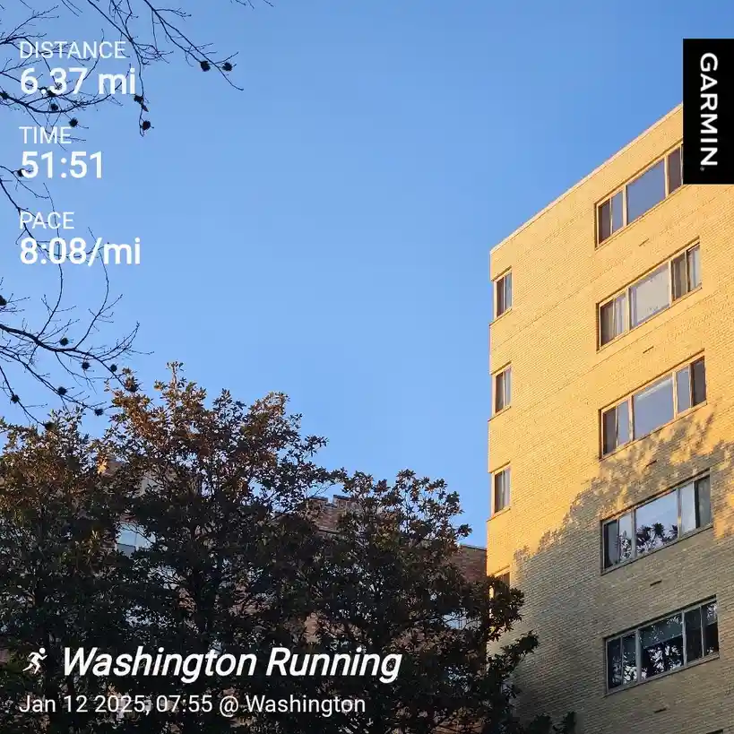 A screenshot from a Garmin fitness tracker showing a running session with 6.37 miles distance, 51:51 time, and 8:08/mi pace…