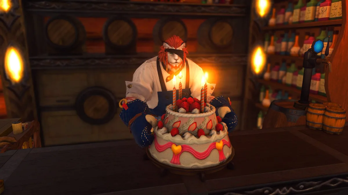 A blindfolded anthropomorphic lion bartender in a fantasy tavern holds a large, elaborately decorated birthday cake with lit…