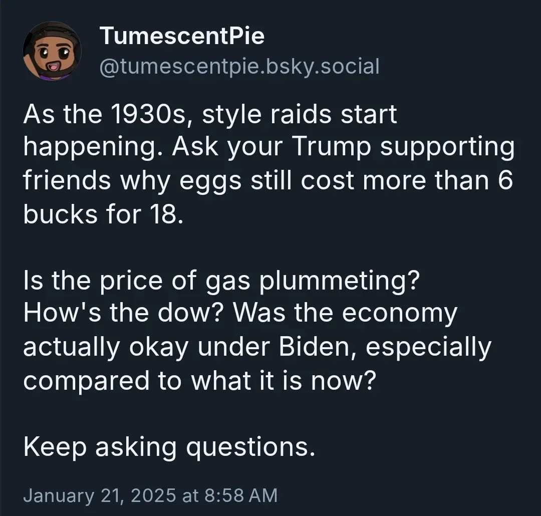 A screenshot of a social media post by 'TumescentPie' on a dark background, featuring white text that sarcastically…