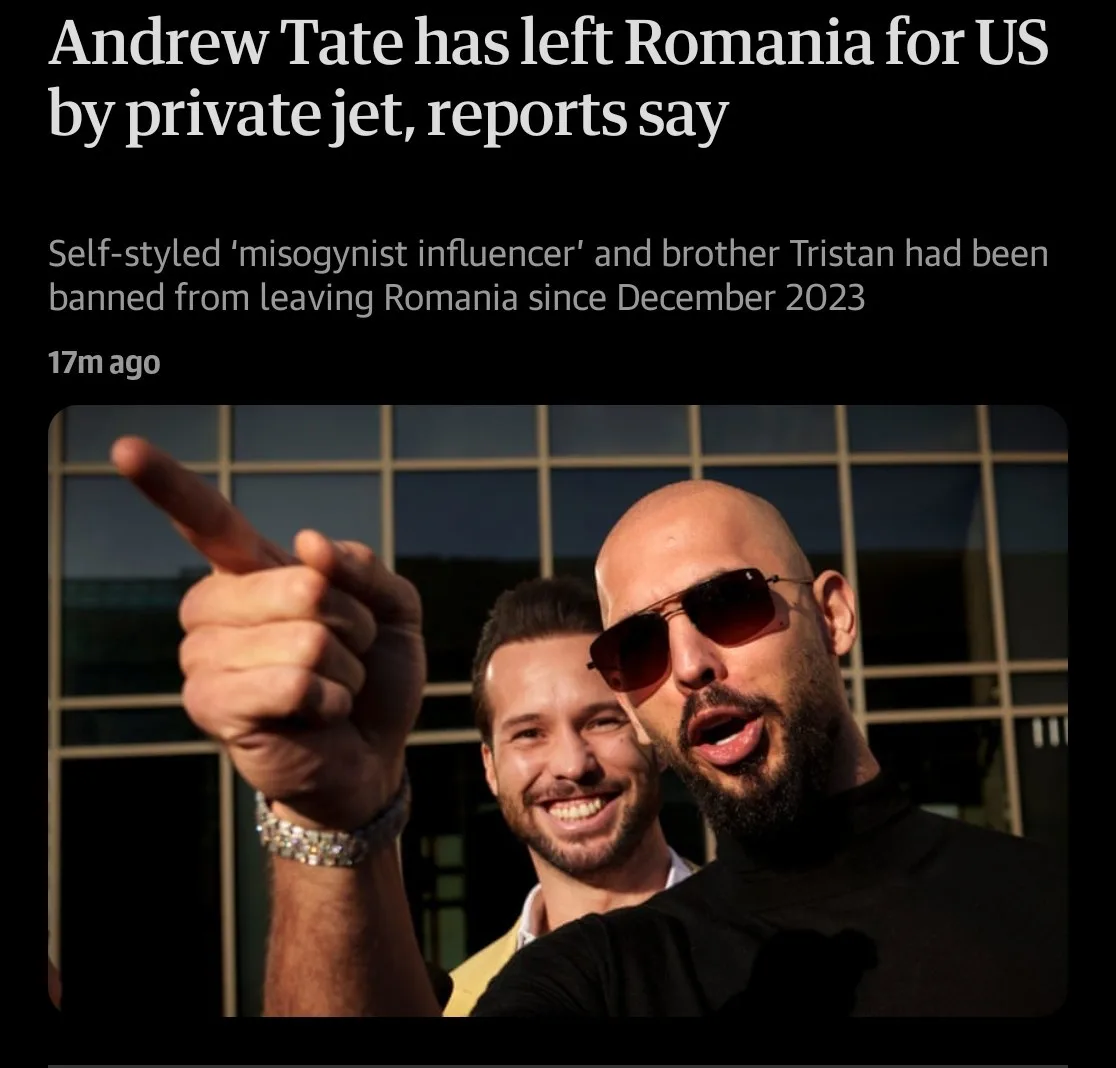 A screenshot of a news article headline about Andrew Tate leaving Romania for the US by private jet, with a photo of Andrew…