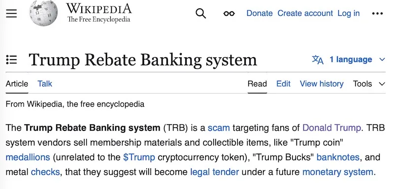 A screenshot of a Wikipedia article titled 'Trump Rebate Banking system' describes it as a scam targeting Trump fans…