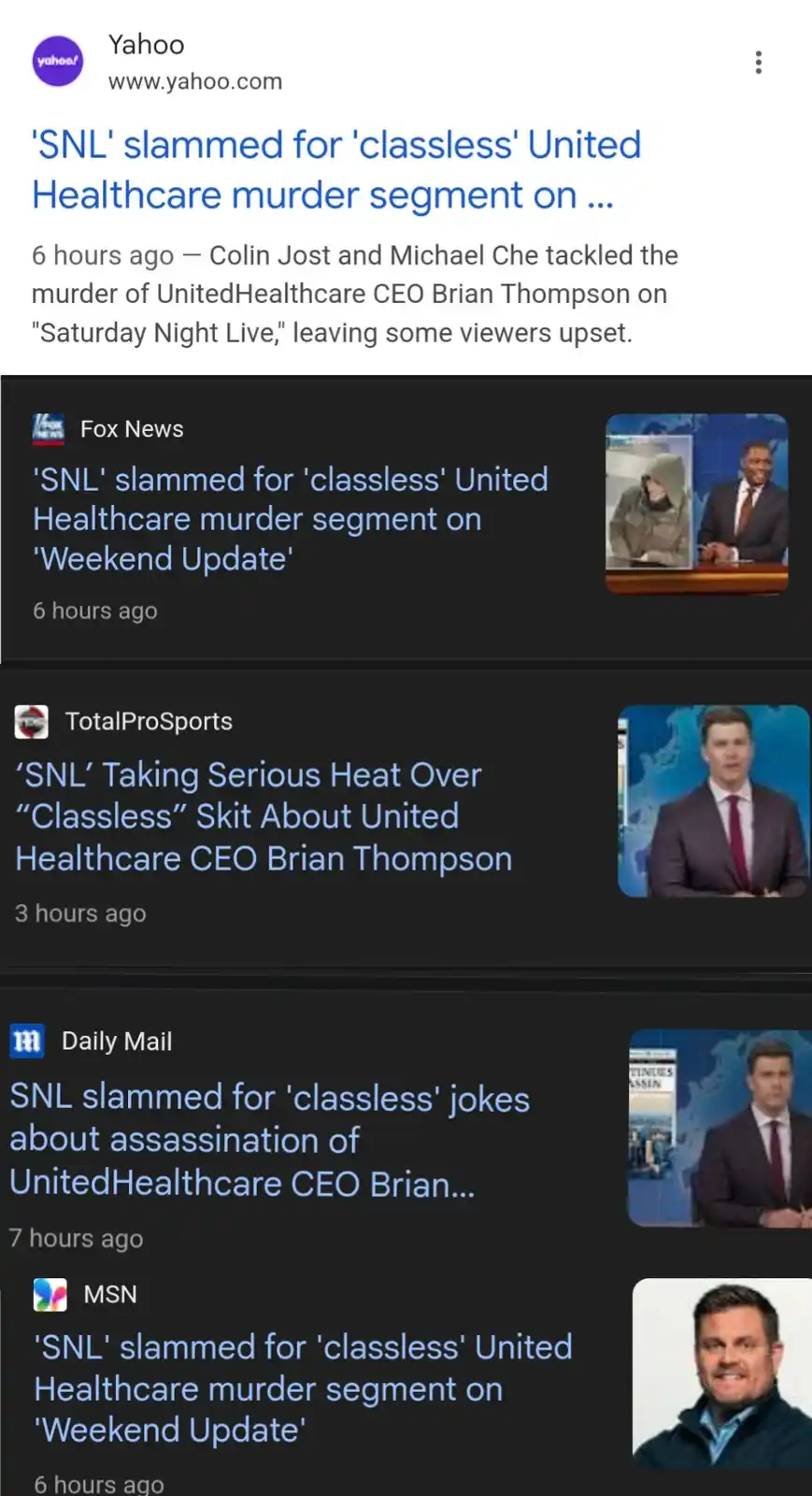 A screenshot of a smartphone displaying a list of news headlines from Yahoo, Fox News, TotalProSports, Daily Mail, and MSN…