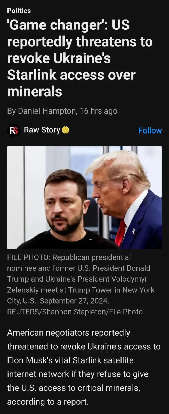 A screenshot of a news article from Raw Story shows a photo of Donald Trump and Volodymyr Zelenskiy. The headline reads…