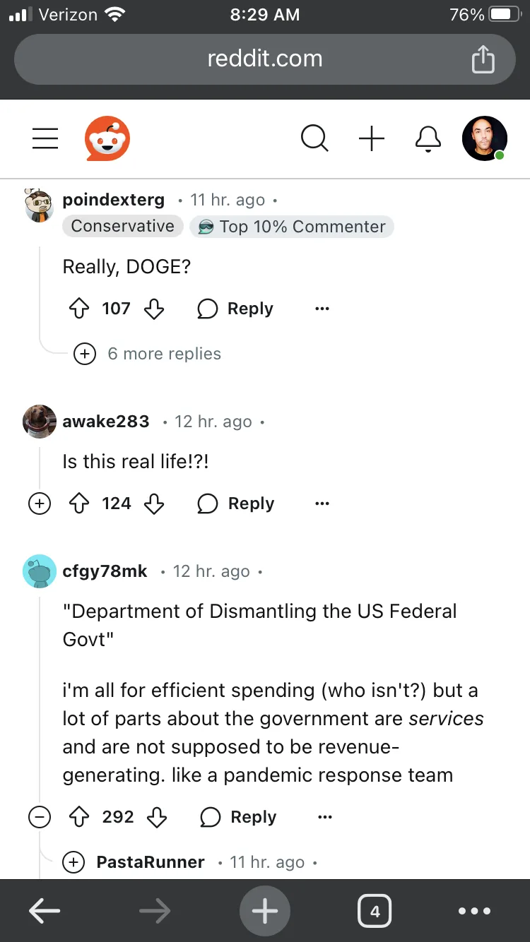 A screenshot of a Reddit thread showing a user asking 'Really, DOGE?' about a cryptocurrency, another user exclaiming 'Is…