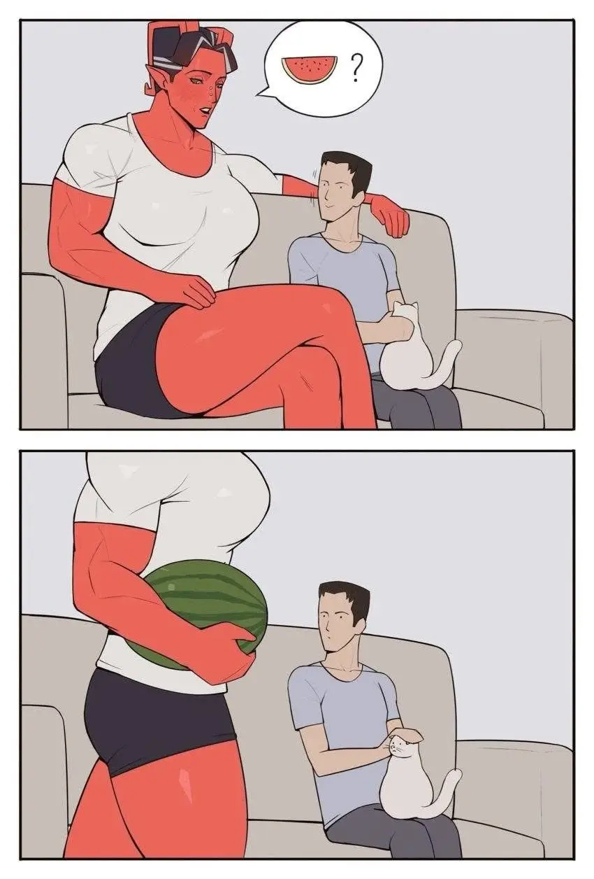 Two-panel comic: top panel shows a muscular red-skinned person with a speech bubble containing a watermelon slice and a…