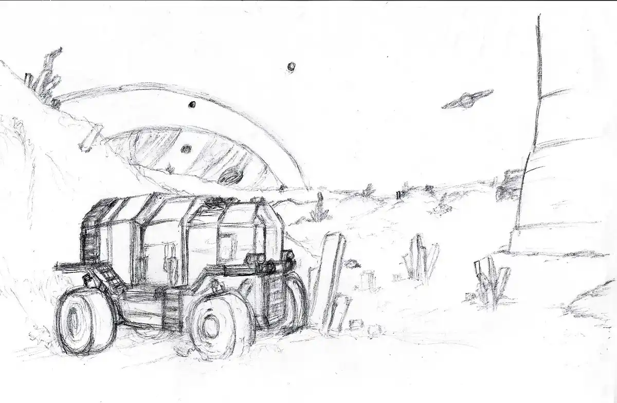 A pencil sketch depicts a futuristic, boxy vehicle with large wheels parked in a barren, rocky landscape. In the background…
