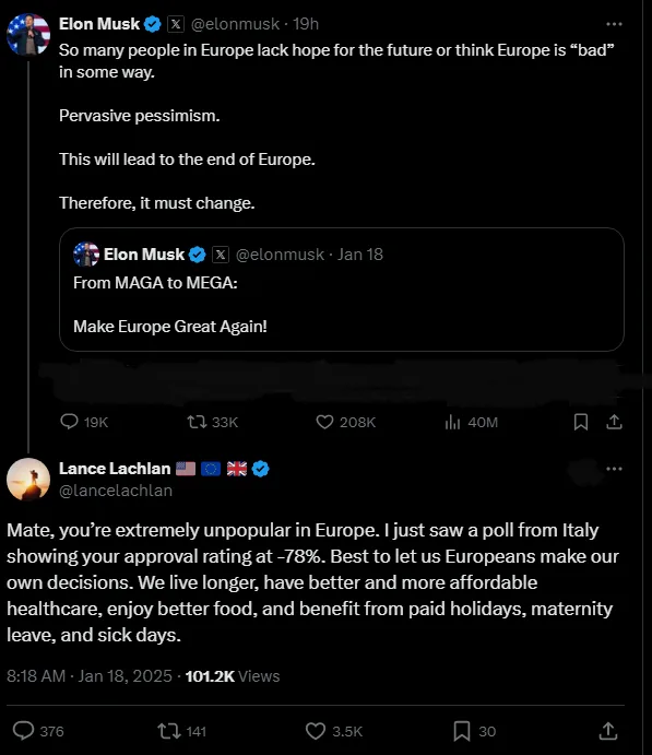 A screenshot of a Twitter thread shows Elon Musk's tweet claiming Europe's pessimism will lead to its end, followed by a…