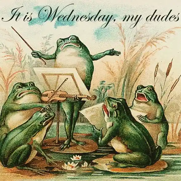 An antique-style illustration depicts four frogs in a pond setting, with one large frog conducting an orchestra of three…