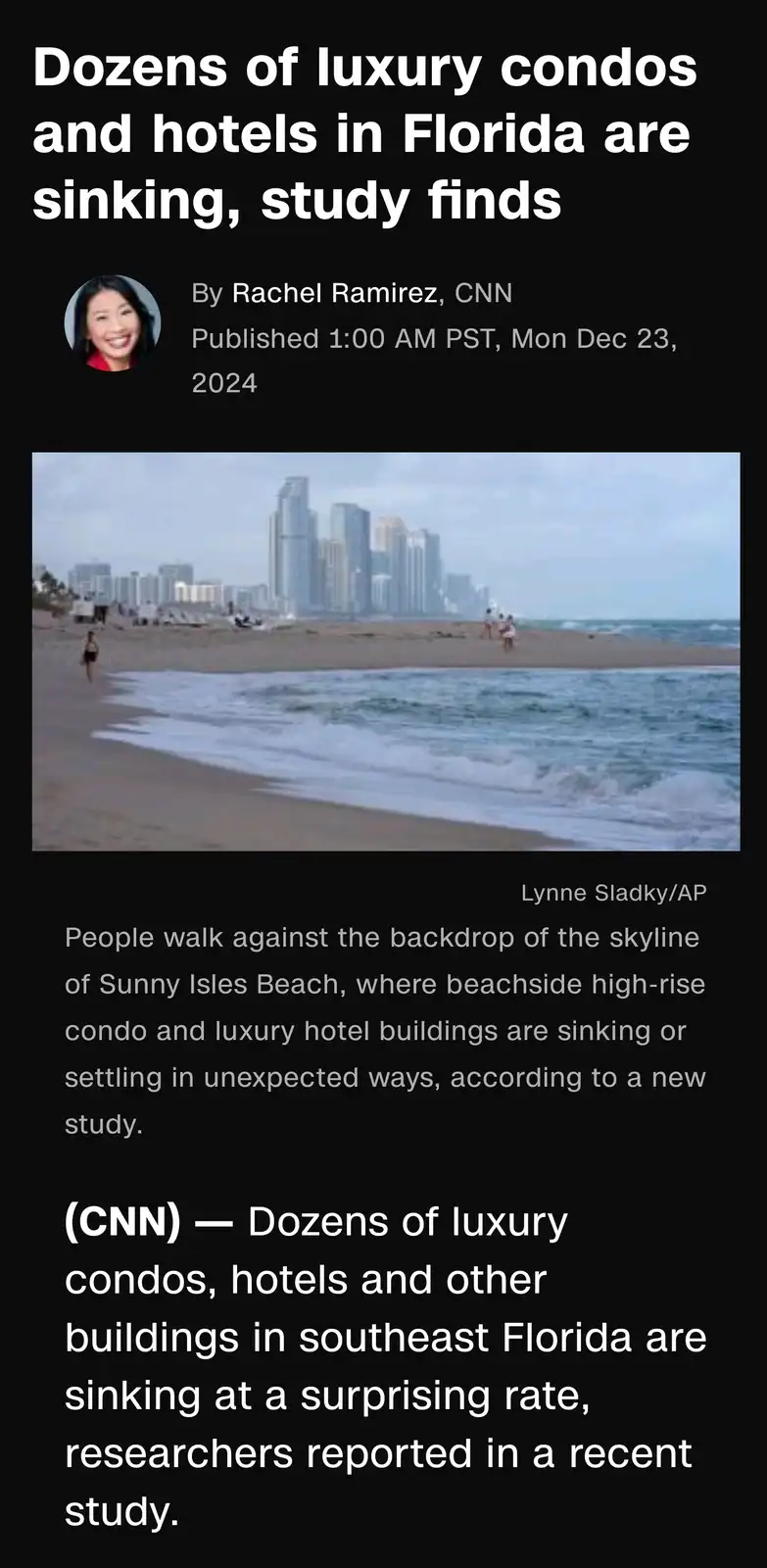 A screenshot of a CNN news article from December 23, 2024, featuring a photo of Sunny Isles Beach with high-rise buildings…