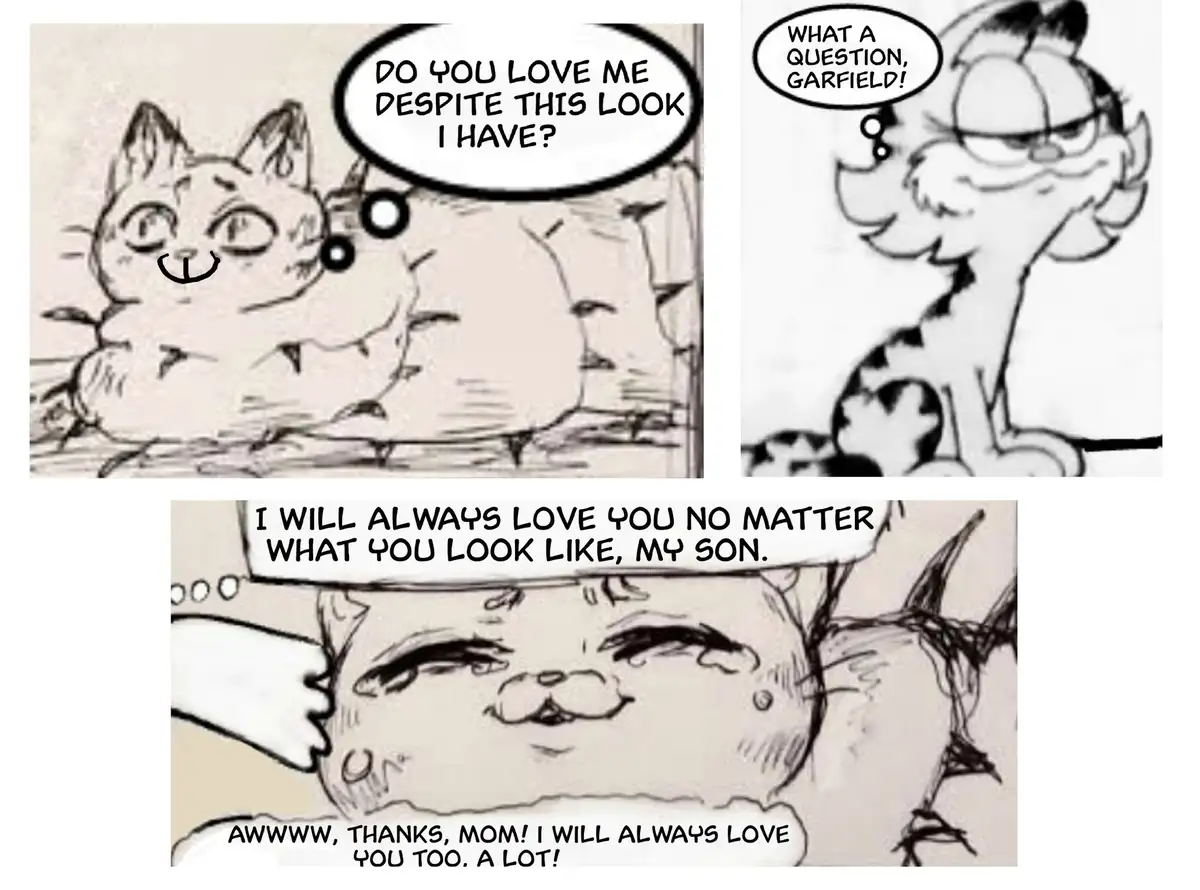 A three-panel comic strip featuring a cartoon cat asking if it's still loved despite its appearance, Garfield sarcastically…