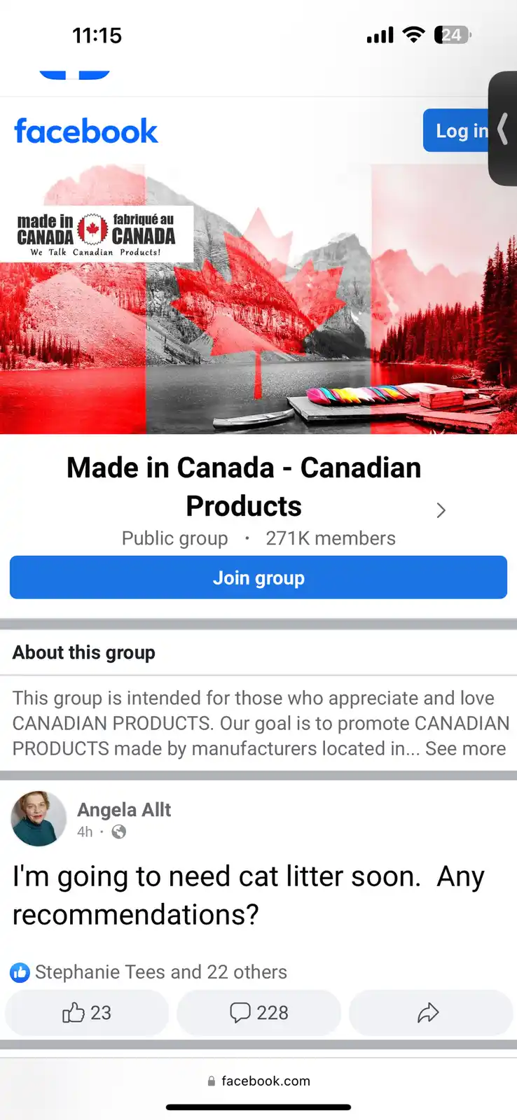 A screenshot of a Facebook group called 'Made in Canada - Canadian Products' with a red-tinted Canadian landscape…