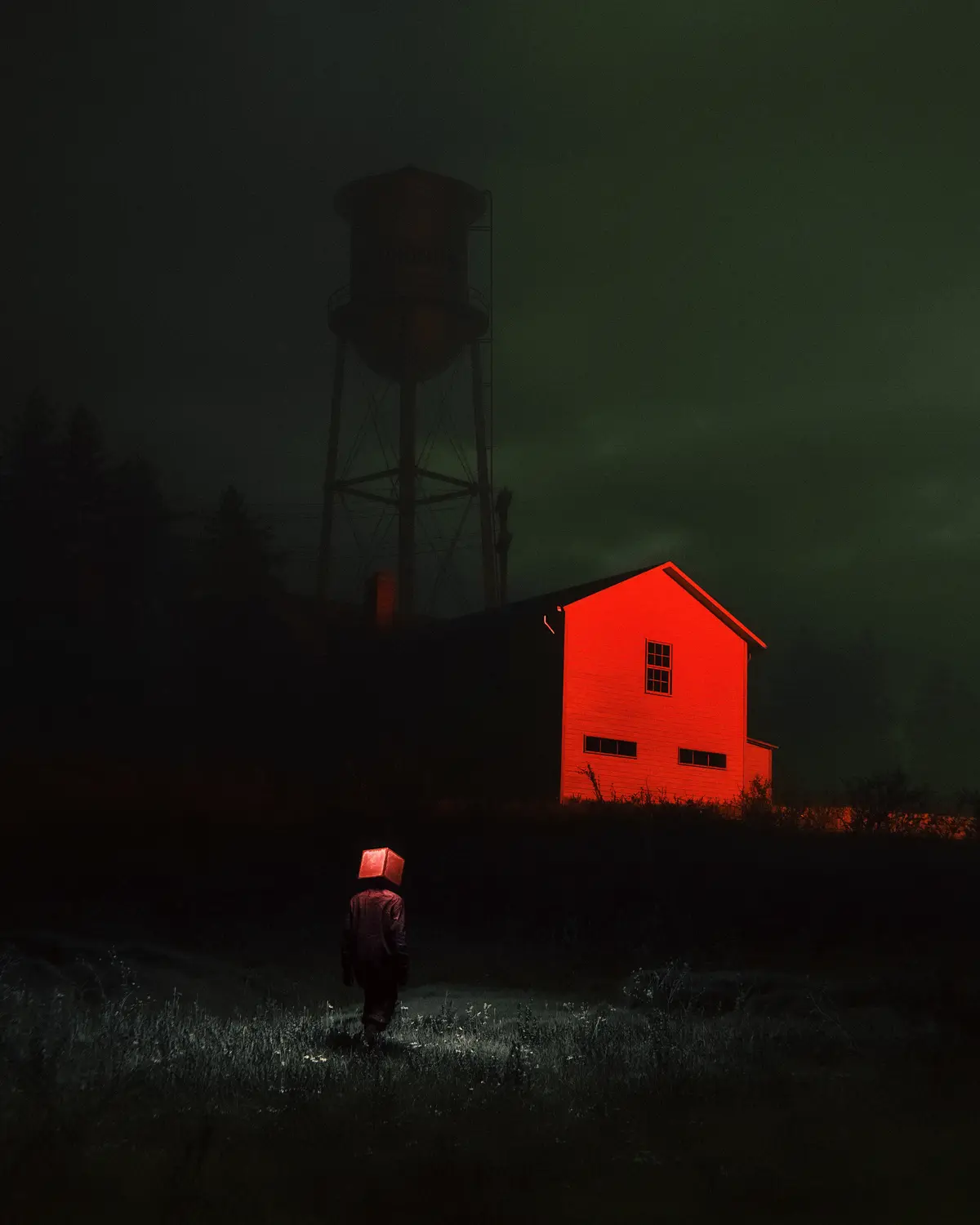 A person with a glowing red cube for a head walks toward a red-lit house at night, with a water tower in the background. The…
