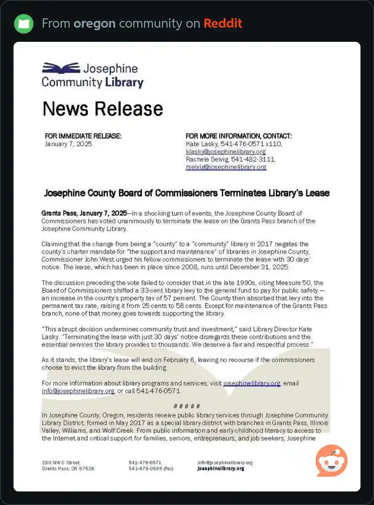 A screenshot of a formal news release from the Josephine Community Library dated January 7, 2025, announcing that the…