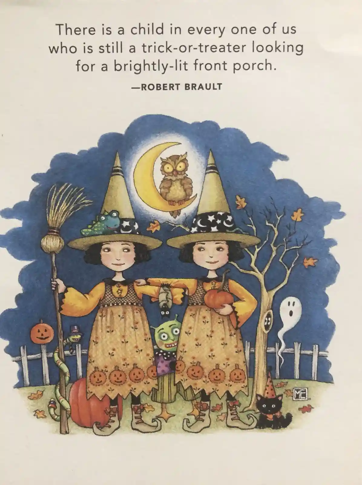 An illustrated Halloween scene shows two young girls in witch costumes with pumpkin-patterned dresses and pointed hats…