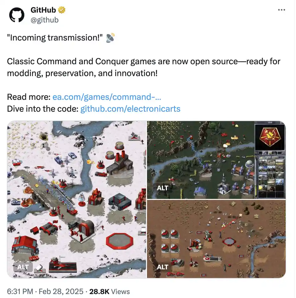 A screenshot of a GitHub tweet announcing Command and Conquer games are now open source, overlaid with three in-game…