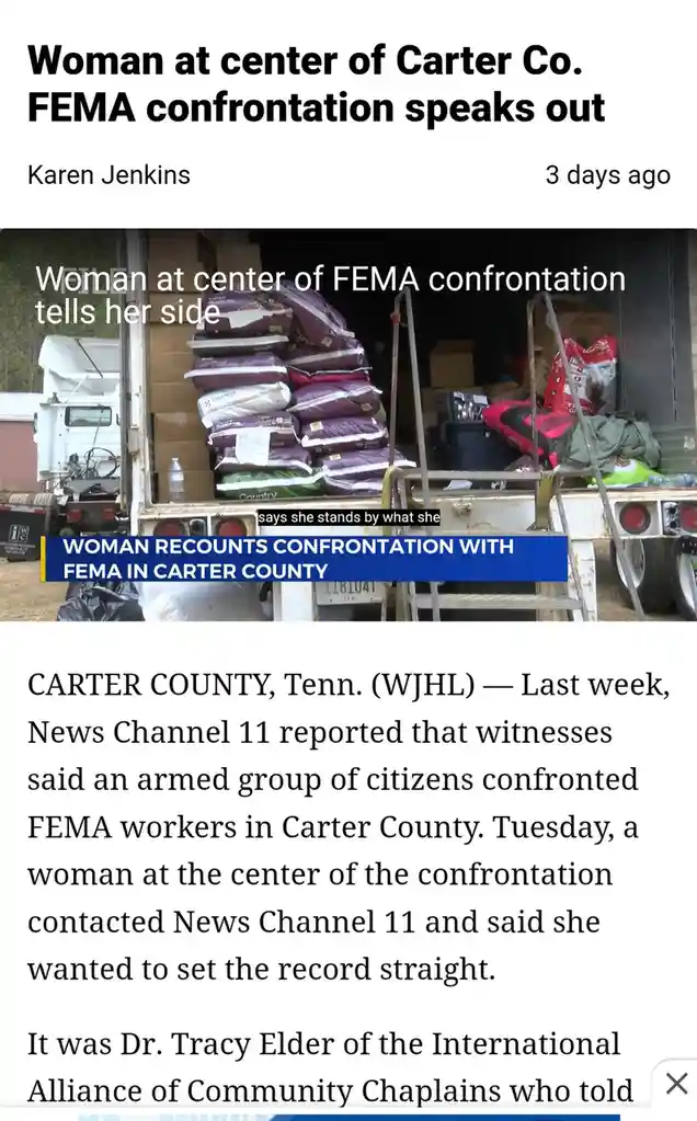 A screenshot of a news article about a woman named Dr. Tracy Elder who is speaking out about a confrontation with FEMA…