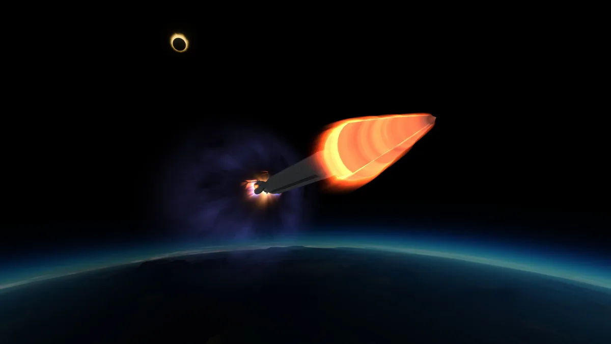 A rocket with a fiery exhaust plume streaks through space above Earth's curved horizon, with a solar eclipse visible in the…