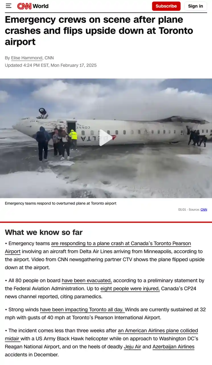 A screenshot of a CNN World news article shows a video thumbnail of a Delta Air Lines plane flipped upside down on a snowy…