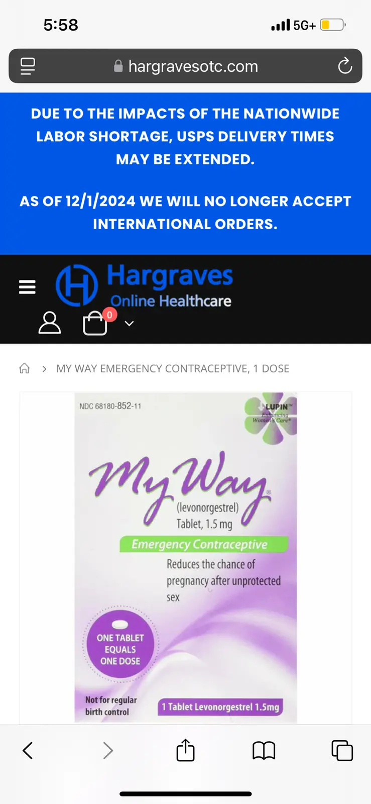 A screenshot of a mobile web page from Hargraves Online Healthcare shows a product page for 'My Way' emergency…